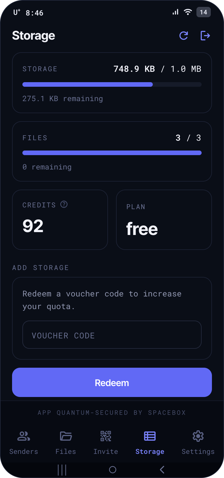 SpaceBox Lite - Storage & quota